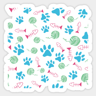 Cat Paw Print, Fish Bones, Ball of Yarn Pattern - Blue Version Sticker